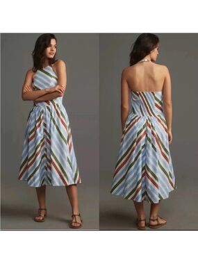 NWT Anthropologie Maeve Halter Midi Dress XL Striped $168 Blue White A-Line